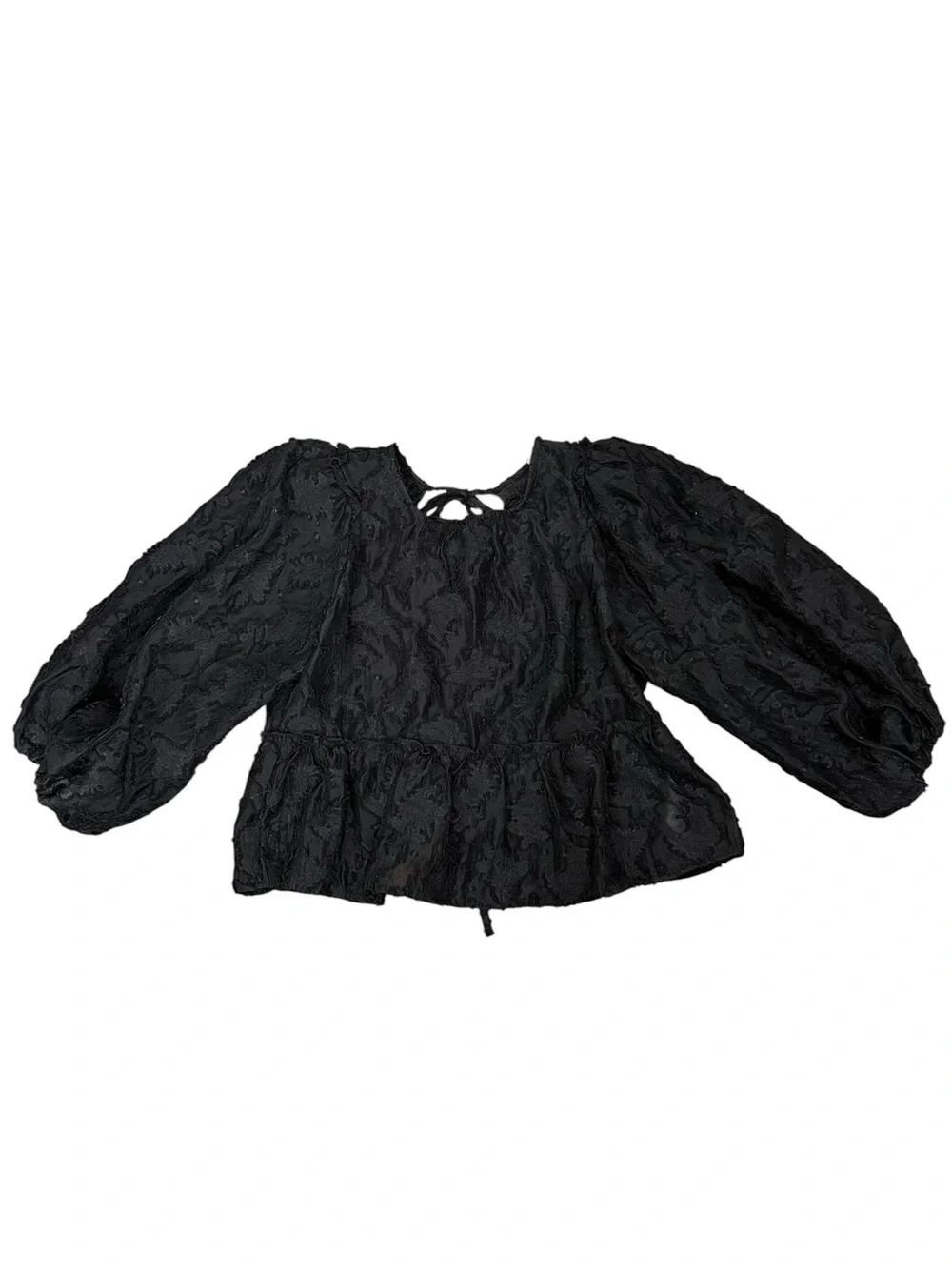 Free People Callie Black Textured Puff-Sleeve Peplum Blouse. Bohemian. Festival